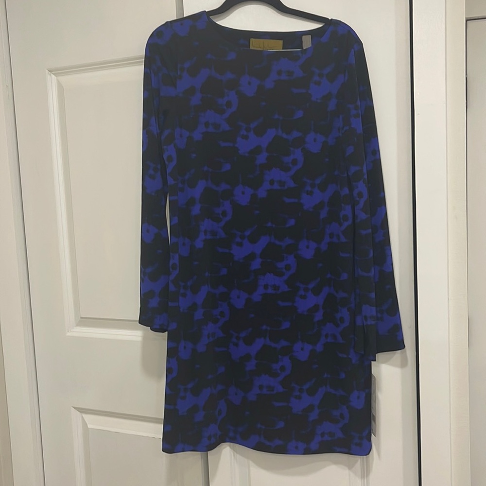 NWT Nicole Miller long sleeve patterned purple and black mini dress size medium